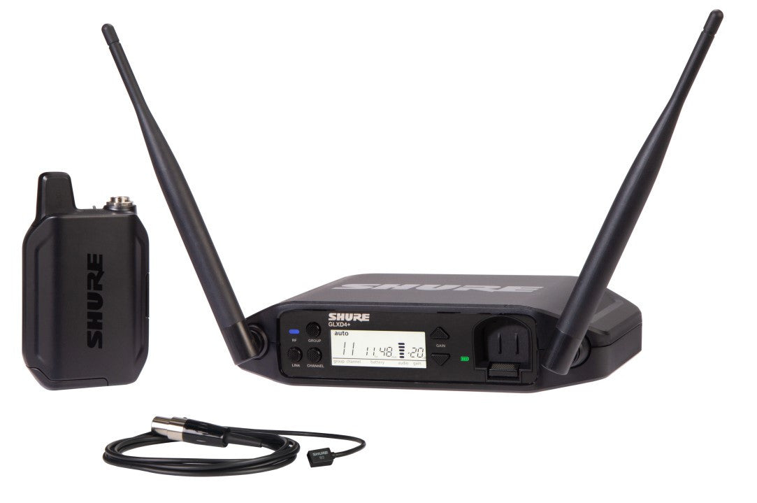 Shure GLXD14+/93-Z3 The GLX-D+ Dual Band Wireless Presenter System features the miniature wearable WL93 lavalier microphone for spoken word applications and the GLXD4+ tabletop receiver.