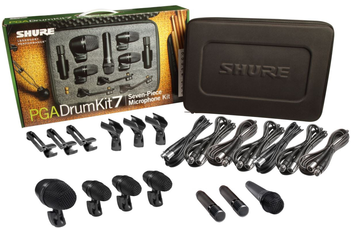 Shure PGADRUMKIT7 7-piece drum mic kit including 1-PGA52, 3-PGA56, 1-PGA57, 2-PGA81, 3-A25D stand adapters, 3-AP56DM drum mount