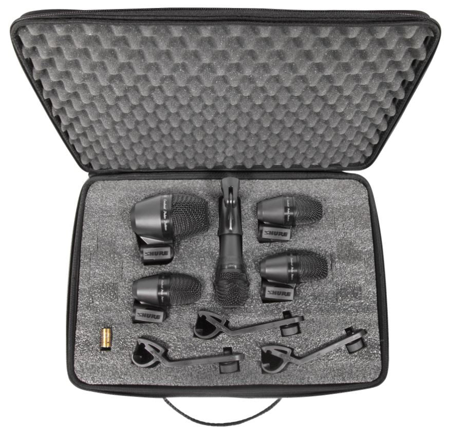 Shure PGADRUMKIT5 5-piece drum mic kit including 1-PGA52, 3-PGA56, 1-PGA57, 1-A25D stand adapter, 3-AP56DM drum mounts, 5 XLR-X