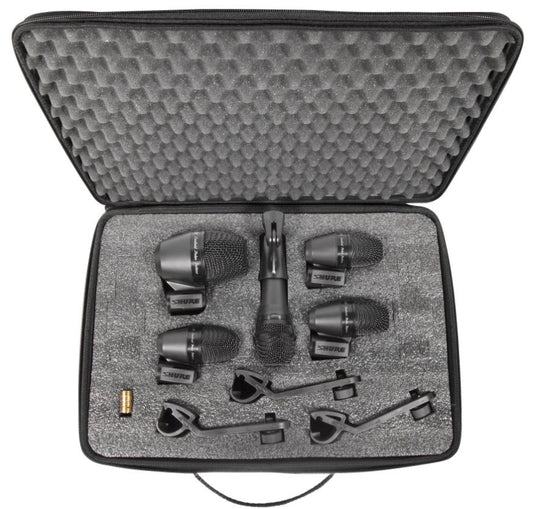 Shure PGADRUMKIT5 5-piece drum mic kit including 1-PGA52, 3-PGA56, 1-PGA57, 1-A25D stand adapter, 3-AP56DM drum mounts, 5 XLR-X