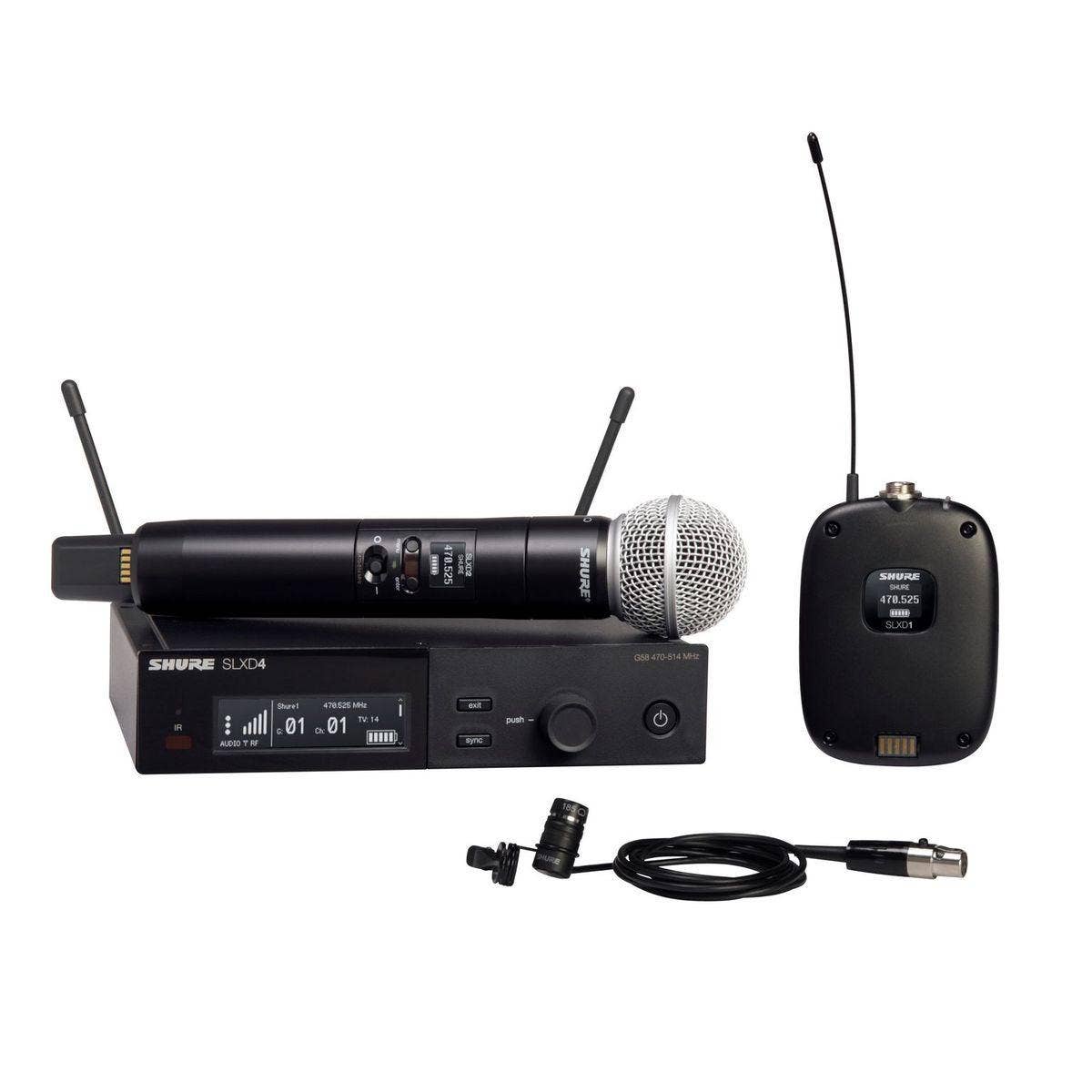 Shure SLXD124/85-J52 Combo System with SLXD1 Bodypack, SLXD4 Receiver, SM58, and WL185 Lavalier Microphone