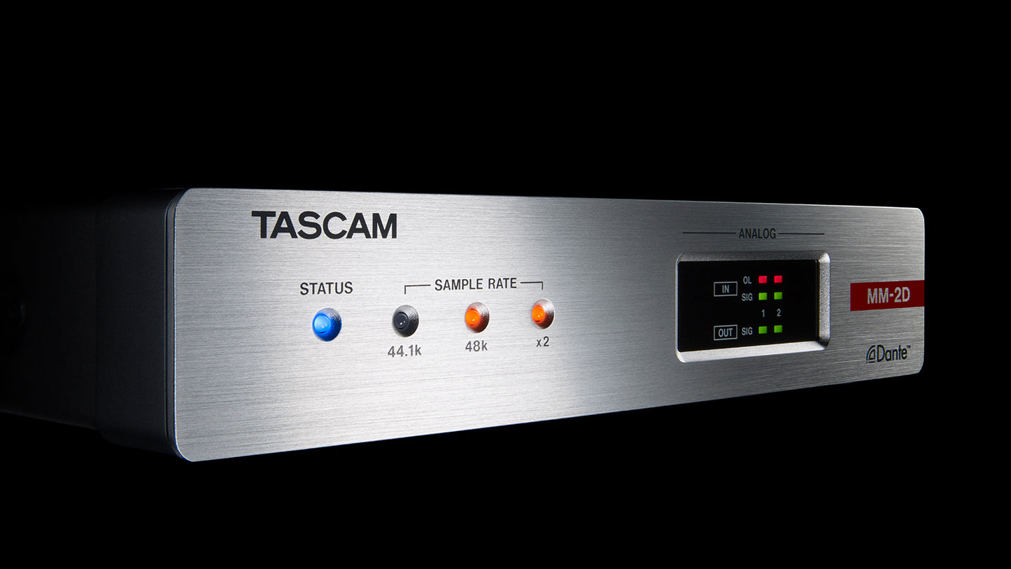 Tascam MM-2D-E - 2 Channel Mic/Line Input/Output Dante Converter with built-in DSP Mixer - 305broadcast